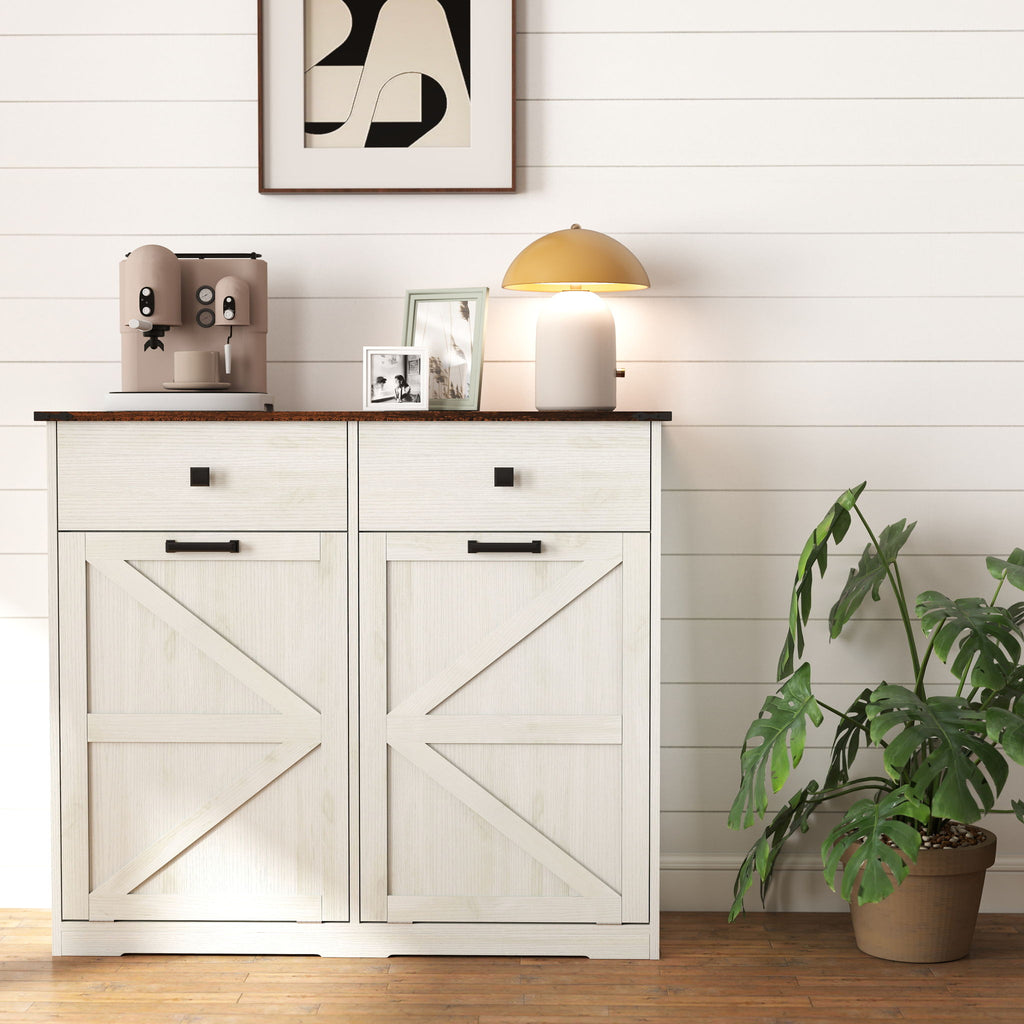 Double Tilt Out Trash Cabinet with Hideaway Drawer - Barn Door Style