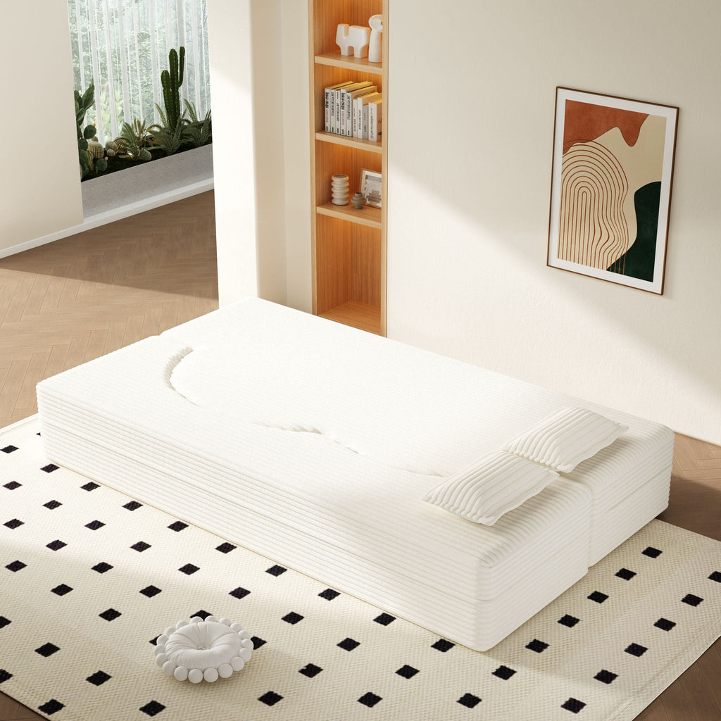 Convertible Floor Sofa with 2 Pillows - Twin Size Corduroy - White or Gray