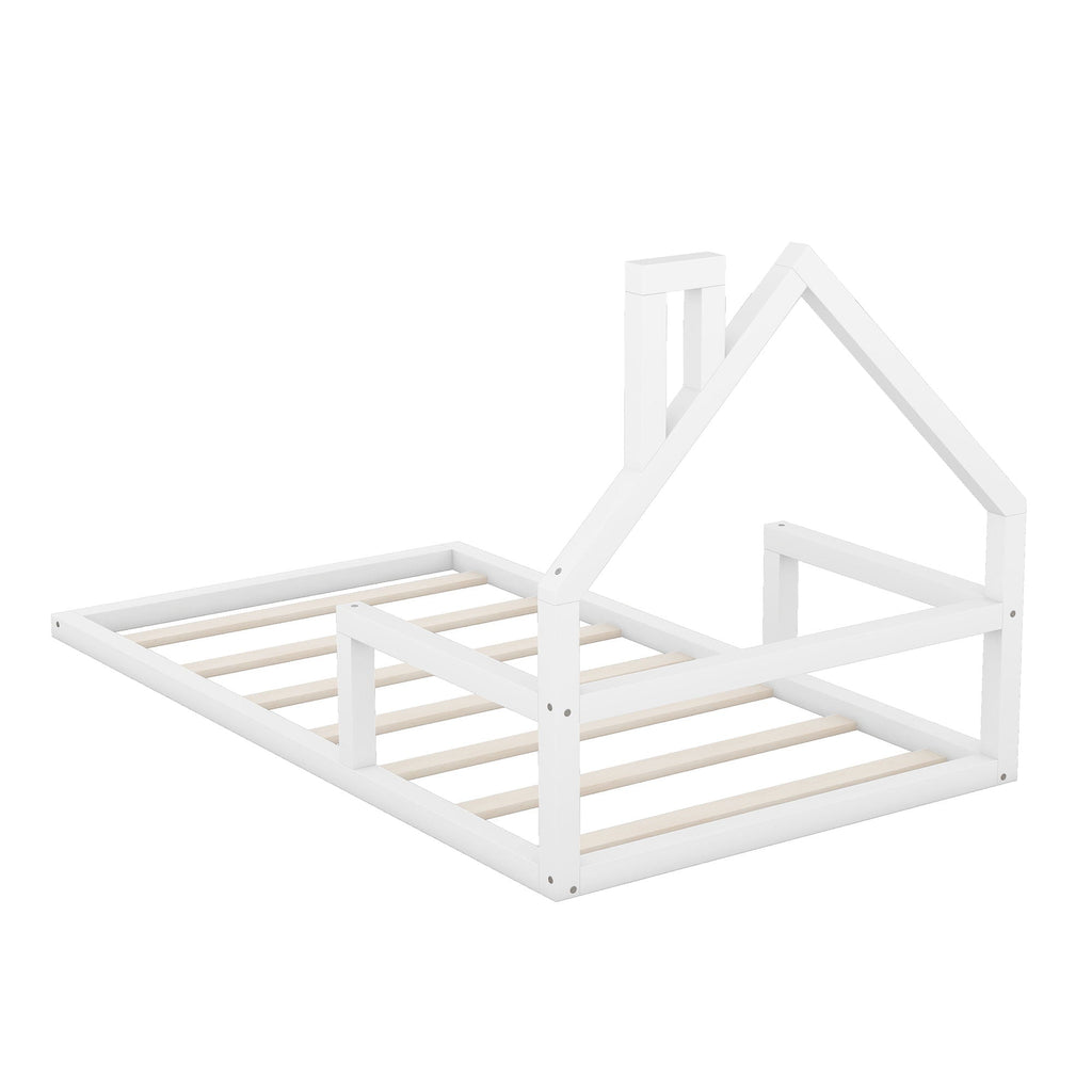 Floor Bed With House Shaped Headboard - Twin Size, Solid Pine - White or Light Brown