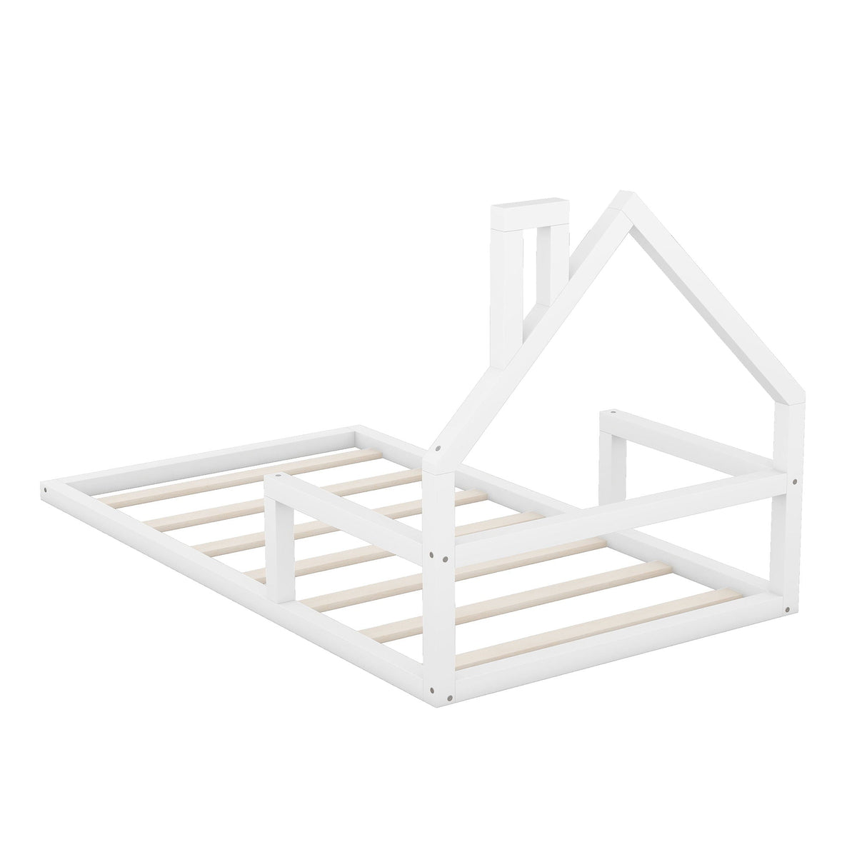 Floor Bed With House Shaped Headboard - Twin Size, Solid Pine - White or Light Brown