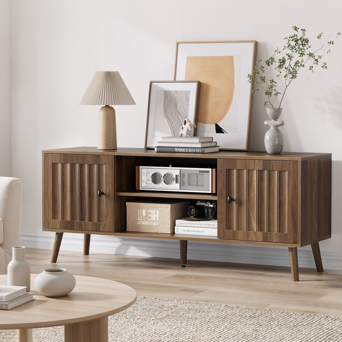 55" TV Cabinet with Vertical Groove Doors & Adjustable Shelves - Walnut