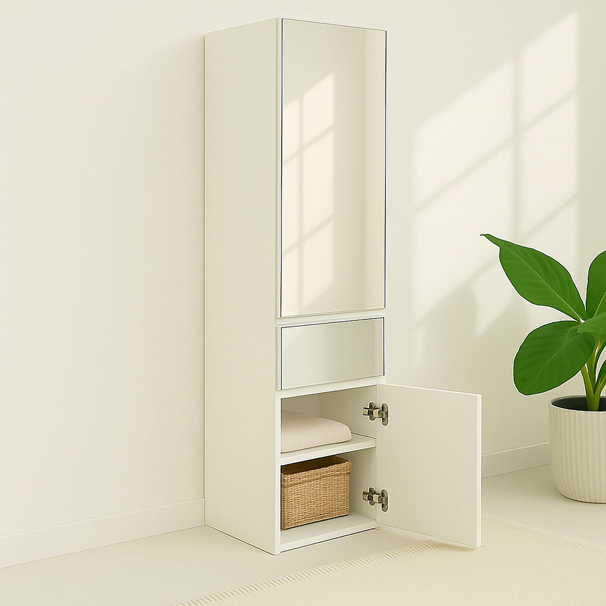 Slim Modular Closet Cabinet with Mirror - White