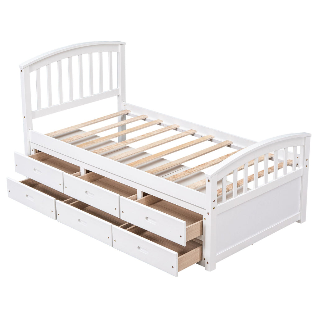 Solid Wood Twin Storage Bed with 6 Drawers - Multiple Colors