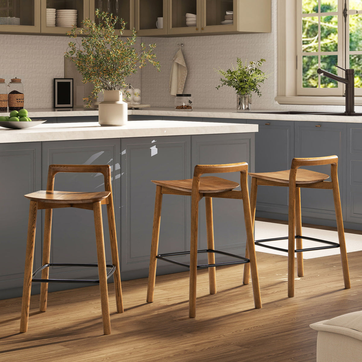 Modern Minimalist Low Back Counter Stool with Ash Wood Construction - Dark Brown Walnut
