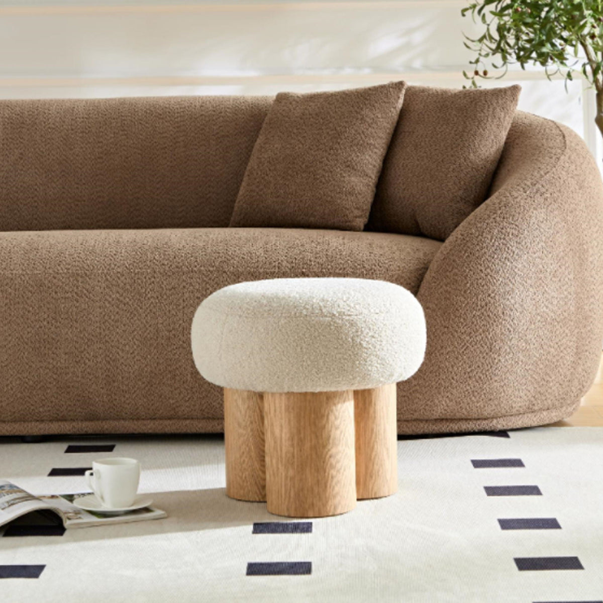 Versatile Mushroom Stool Ottoman with Cushion - Dark Brown, White, Beige