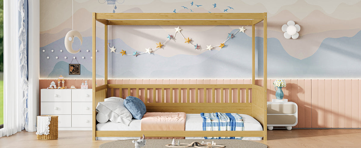 Full Size Canopy Bed Frame with Guardrails for Kids - Pine Wood