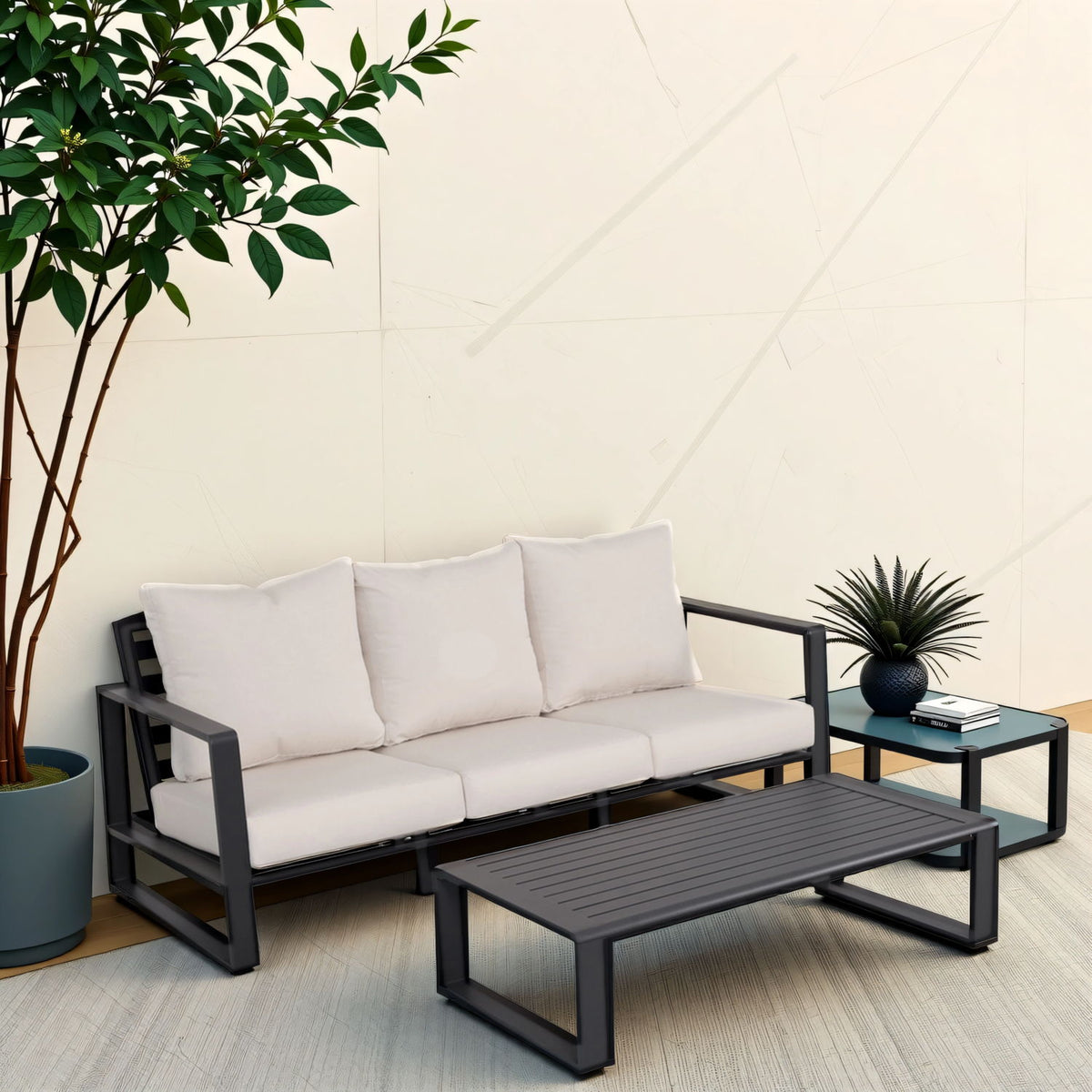 Outdoor Sofa Set with Rectangular Coffee Table - Aluminum Frame - Gray or Beige