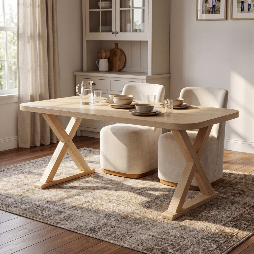 Natural Oak Veneer Dining Table with Rubber Wood Legs - Natural