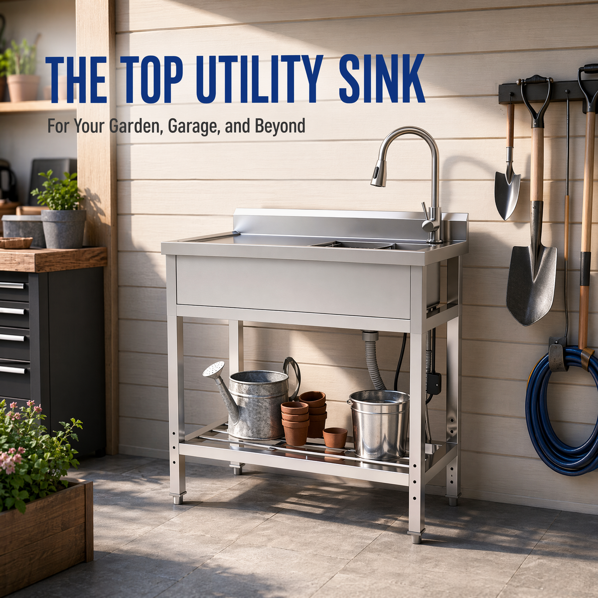 Stainless Steel Utility Sink with Large Compartment & Pull-Out Faucet - Silver
