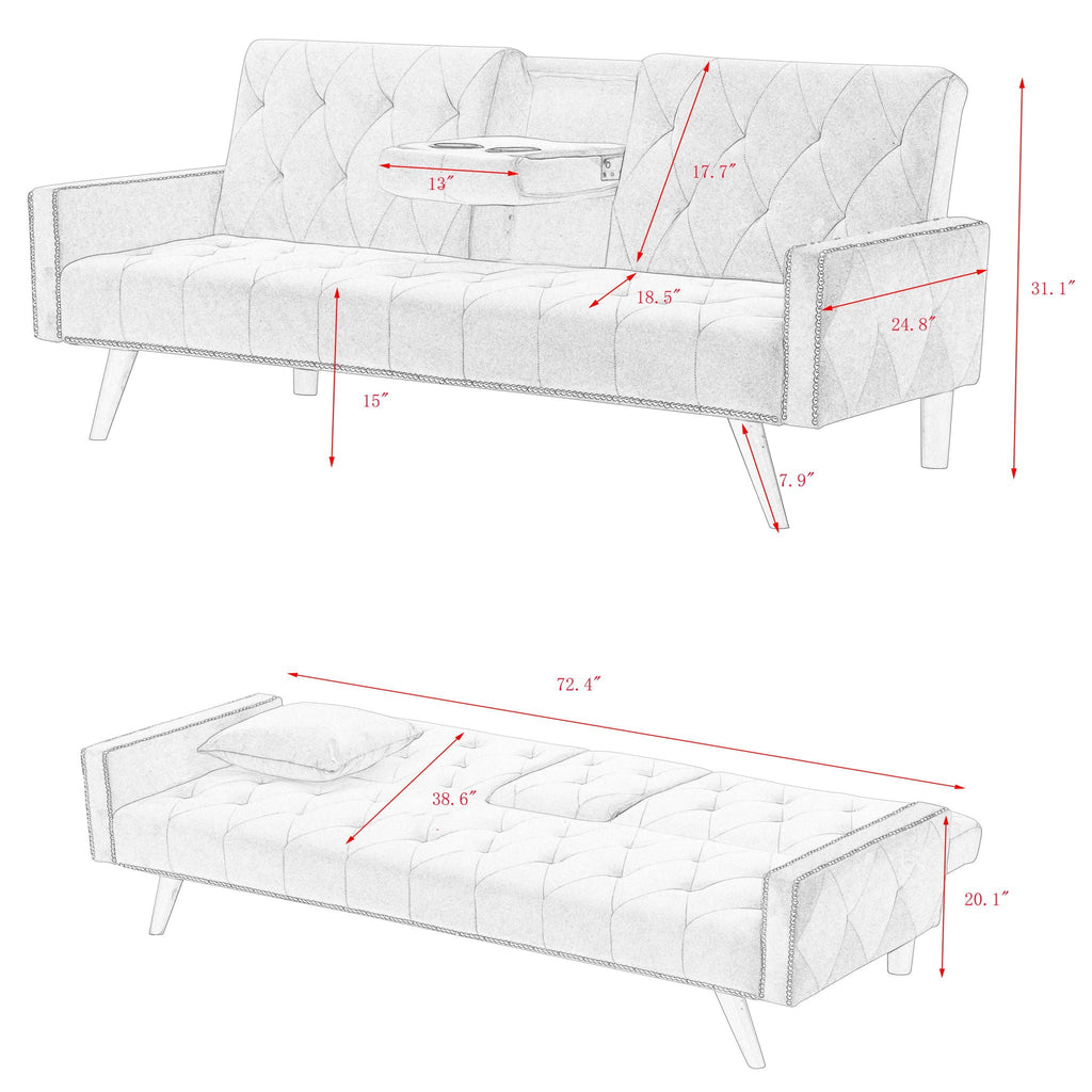 Sofa Bed with Nail Head Trim and Cup Holders - Pink
