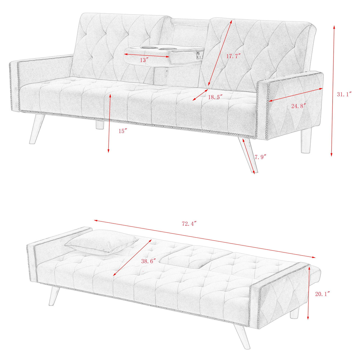 Sofa Bed with Nail Head Trim and Cup Holders - Pink