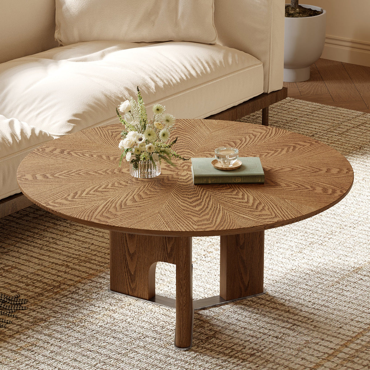 Rustic Ash Wood Veneer Coffee Table with Novel Leg Design - Natural Ash