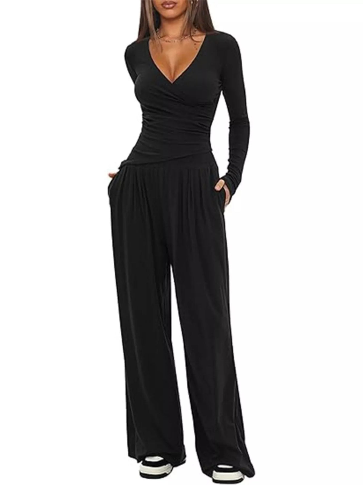 Casual Long Sleeve Top and Wide Leg Pants Set