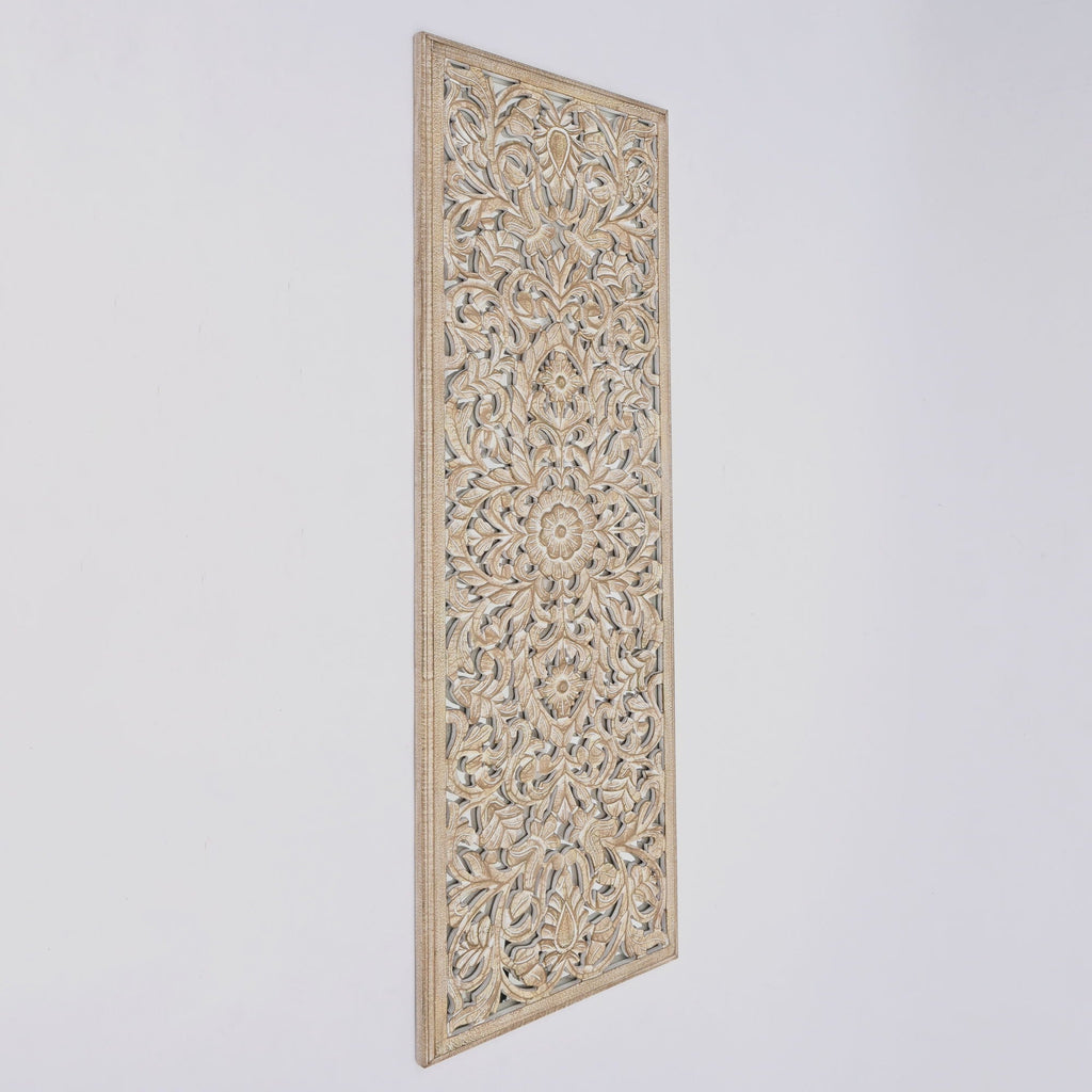 Floral Hand Carved Mandala Rectangle Wall Decor with Mirror - Antique Brown / White