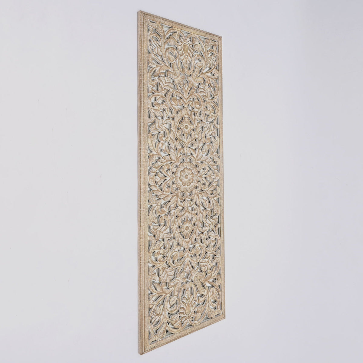 Floral Hand Carved Mandala Rectangle Wall Decor with Mirror - Antique Brown / White