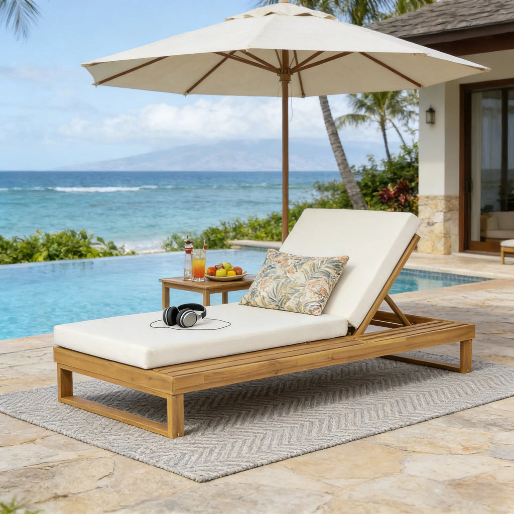 Teak Finish Acacia Wood Chaise Lounge with 4-Inch Cushion - Cream