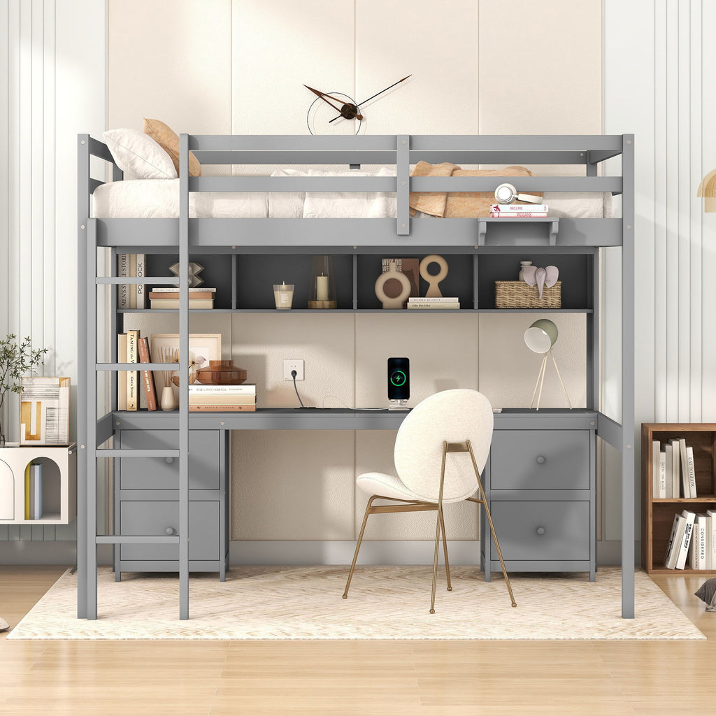 Loft Bed with Desk, Cabinets, Drawers and Charging Station - Full Size