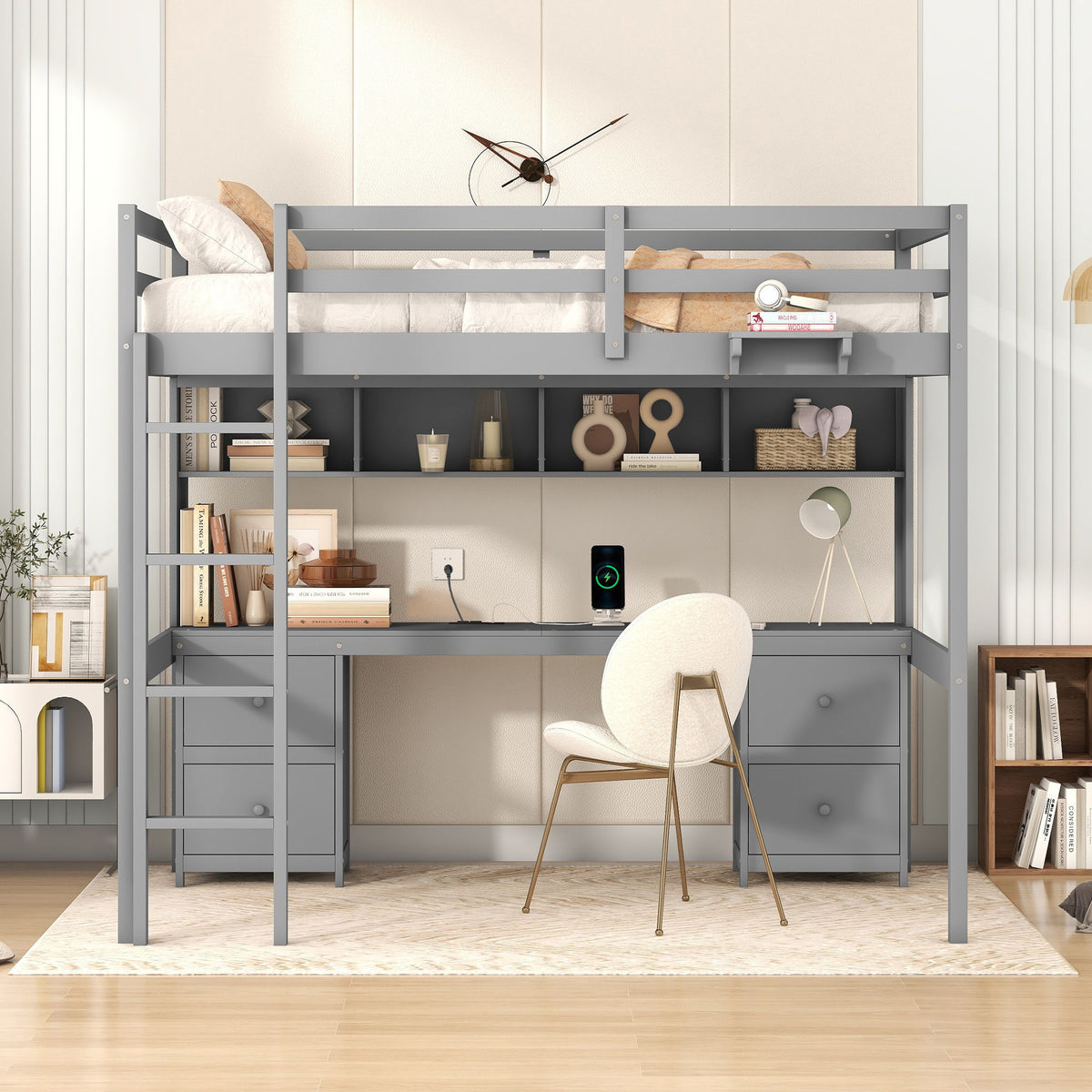 Loft Bed with Desk, Cabinets, Drawers and Charging Station - Full Size
