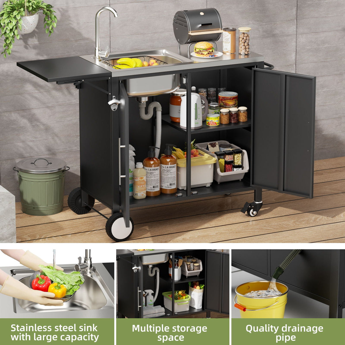 Outdoor Grill Table With Sink and Foldable Work Surface - Black