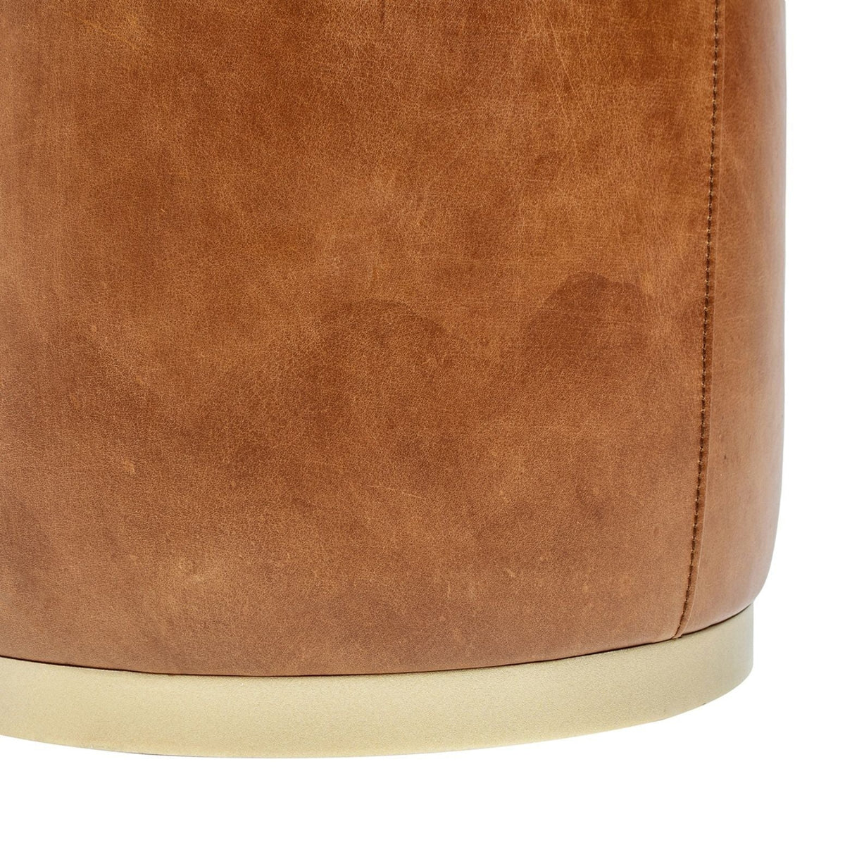 Brown Leather Round Ottoman Stool with Brass Base