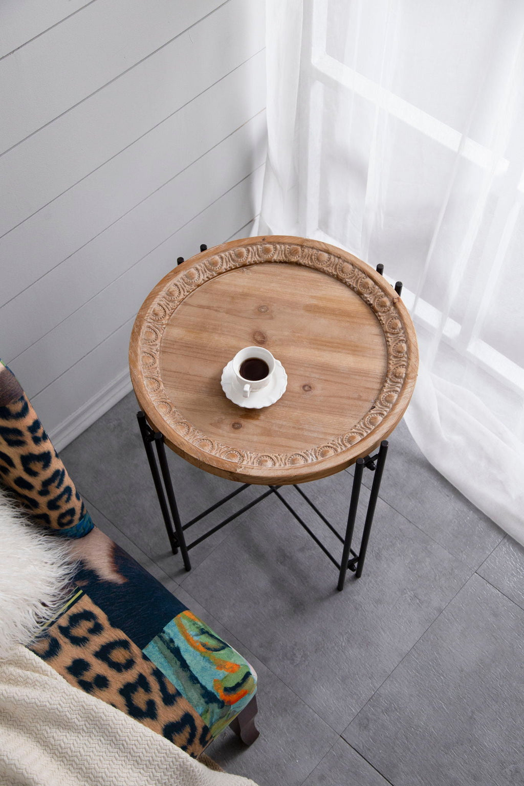 Round Side Table With Wood Top - Black Brown