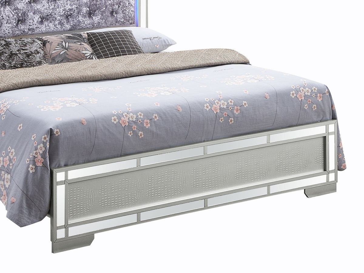 Pearl Silver Upholstered Bed with LED Headboard - Madison