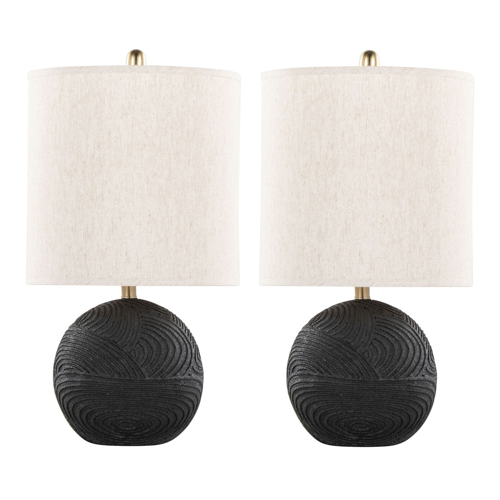 Contemporary Table Lamp Set with Linen Drum Shade - Matte Black / Natural