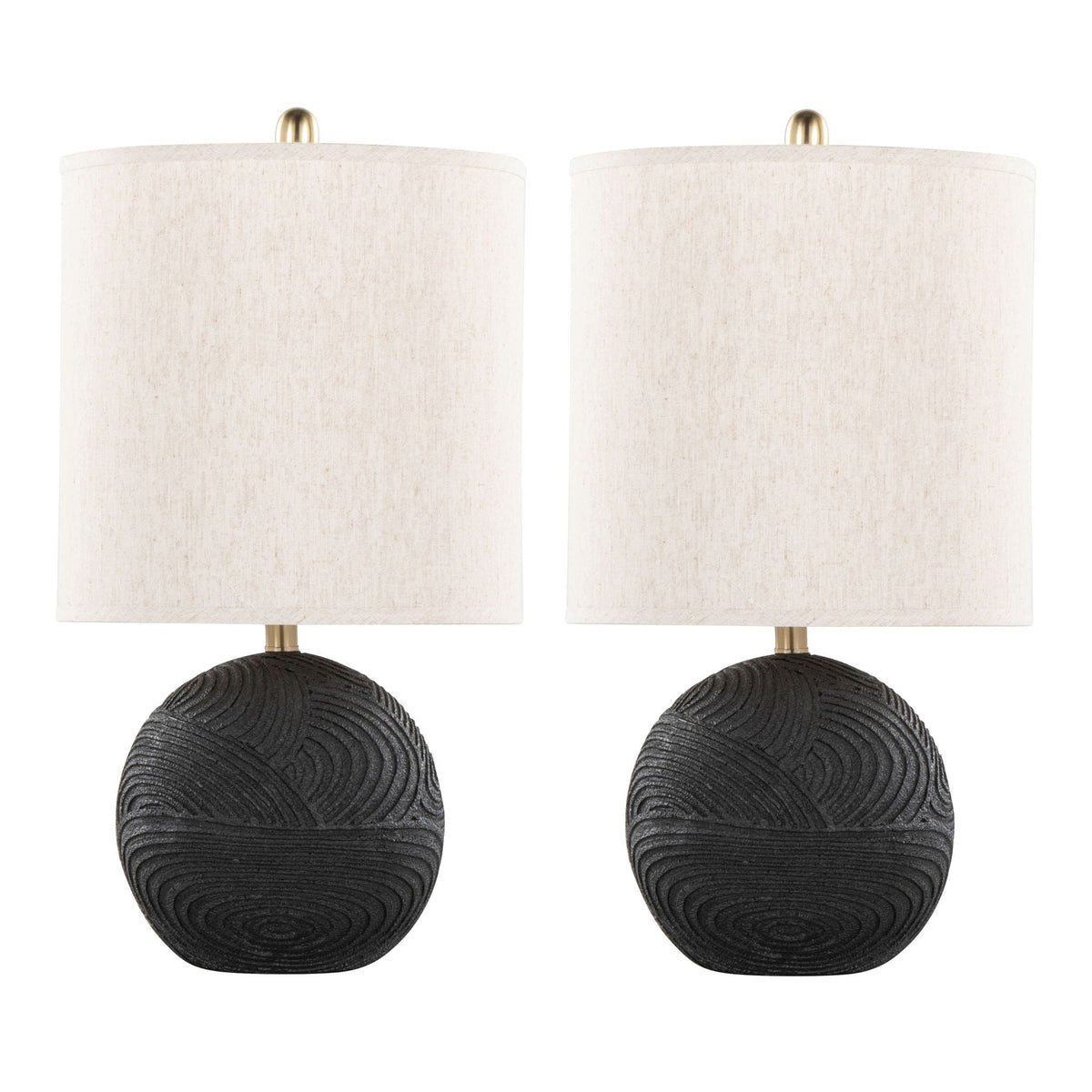 Contemporary Table Lamp Set with Linen Drum Shade - Matte Black / Natural