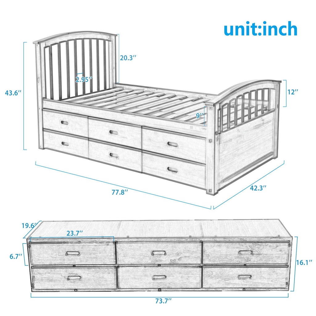 Solid Wood Twin Storage Bed with 6 Drawers - Multiple Colors