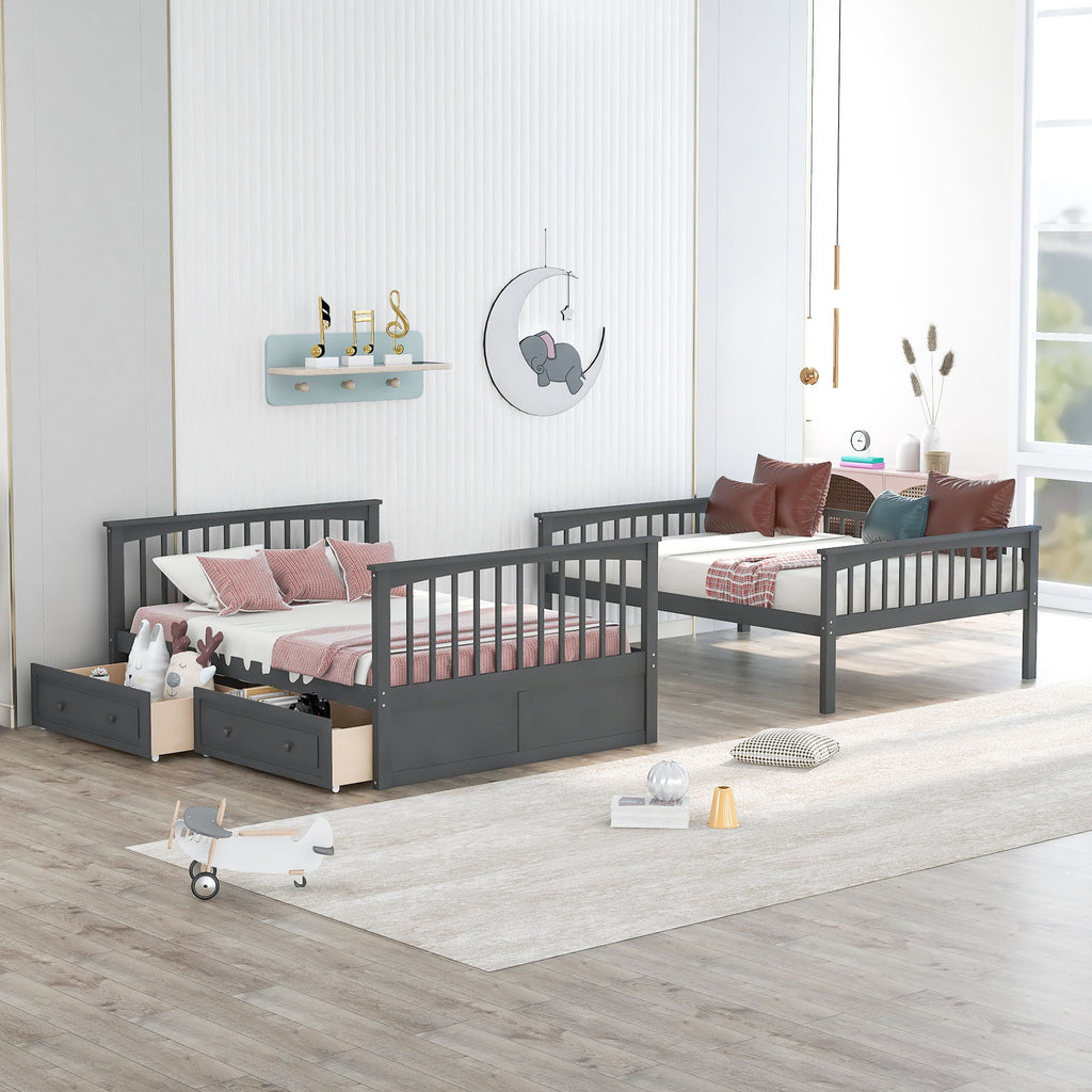 Convertible Bunk Bed With Drawers - Solid Wood with Storage - White, Dark Brown or Dark Gray