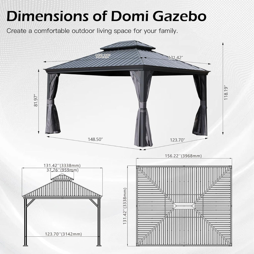 11x13FT Outdoor Gazebo with Galvanized Steel Double Roof - Gray or Brown