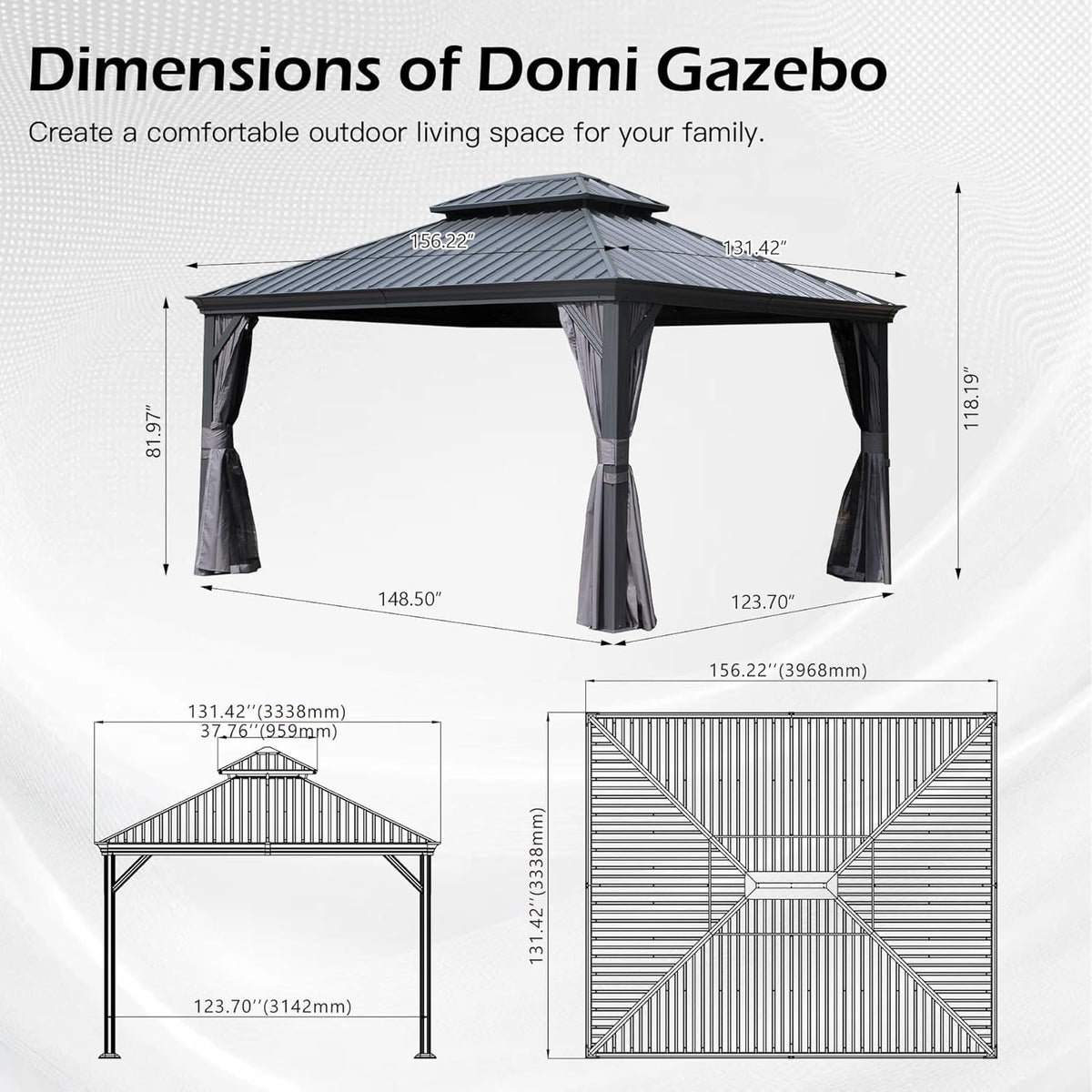 11x13FT Outdoor Gazebo with Galvanized Steel Double Roof - Gray or Brown