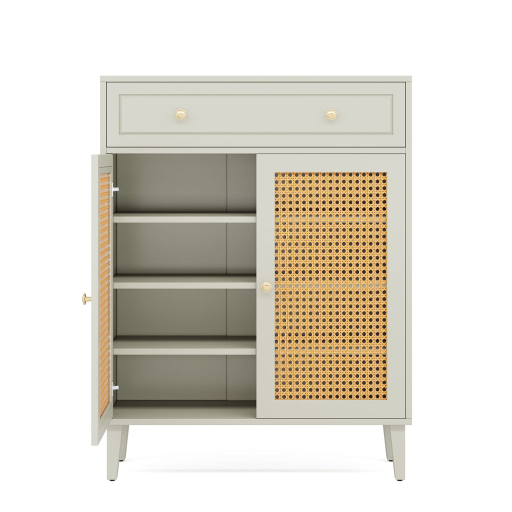 Mint Green Shoe Cabinet With Rattan Doors and Drawer - 4 Tier Storage Organizer