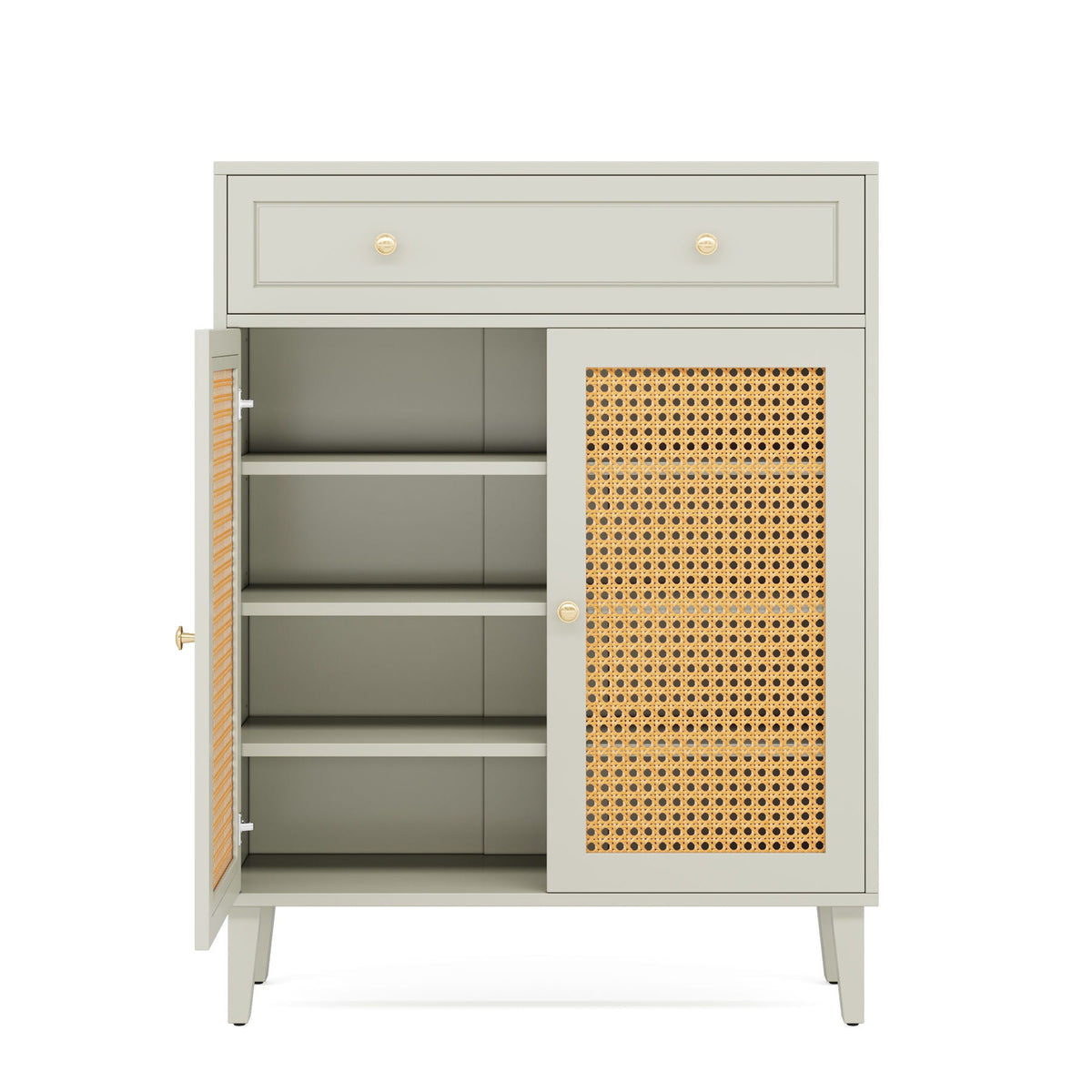 Mint Green Shoe Cabinet With Rattan Doors and Drawer - 4 Tier Storage Organizer