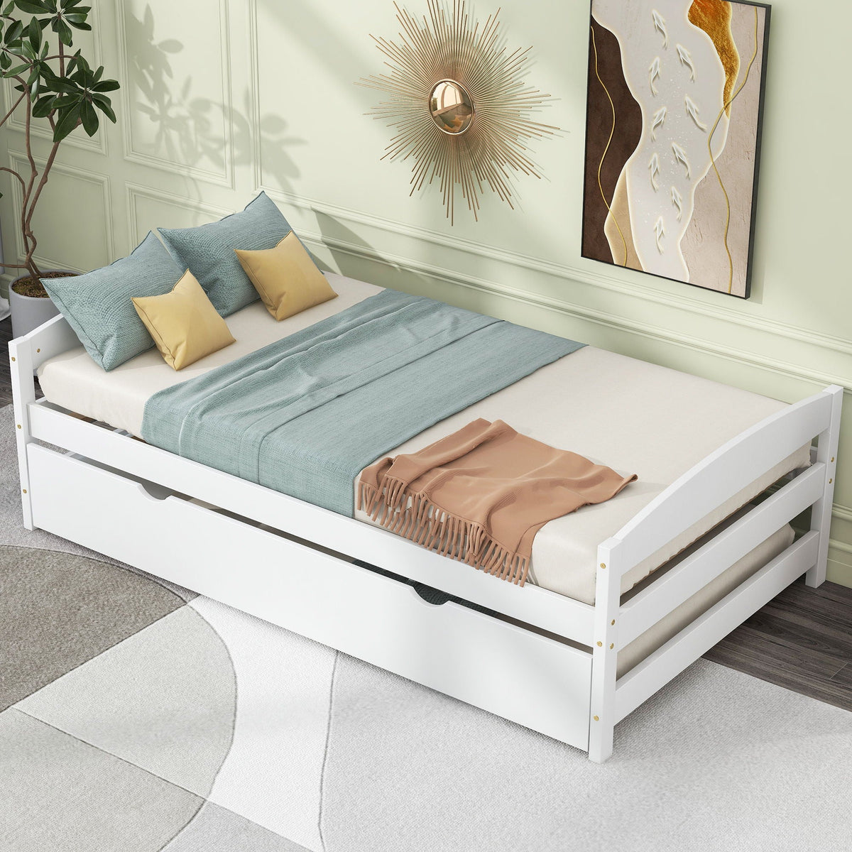 Twin Size Platform Bed with Trundle - Solid Wood Frame - Dark Gray or White