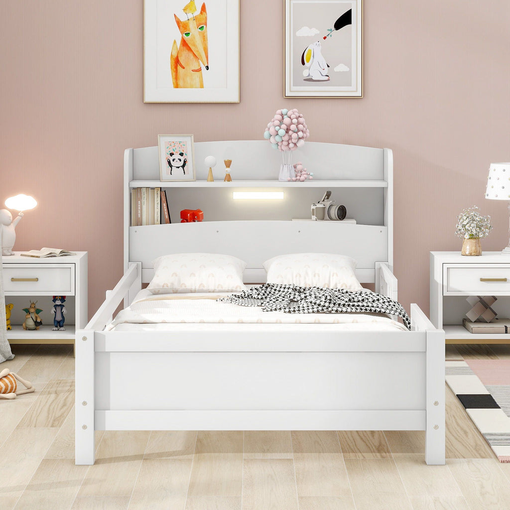 Wood Platform Storage Bed with LED Light & Storage Headboard - White or Dark Gray