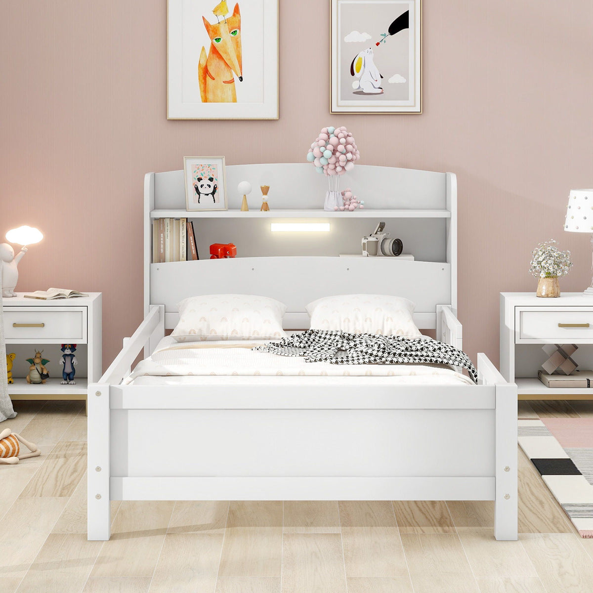 Wood Platform Storage Bed with LED Light & Storage Headboard - White or Dark Gray