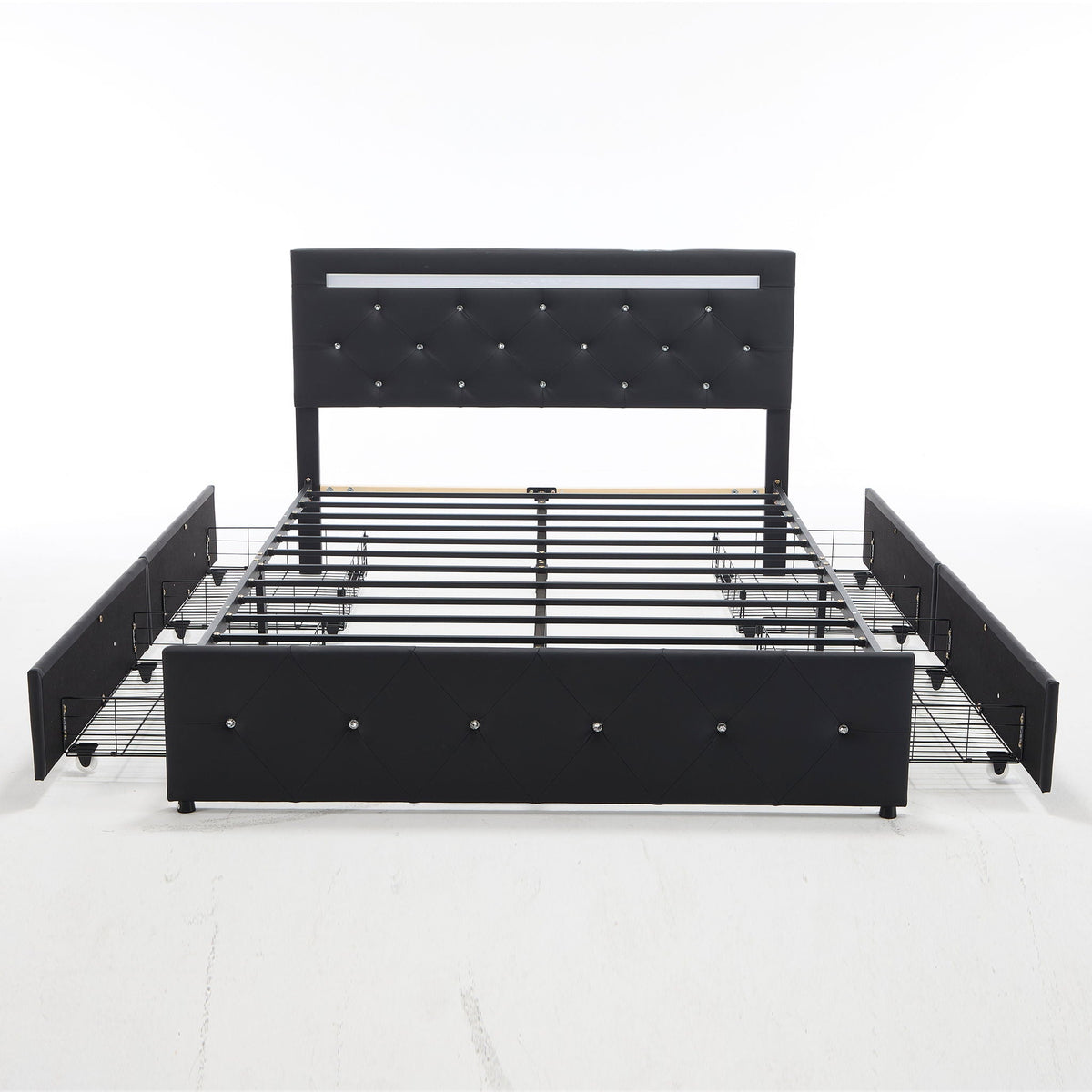 Upholstered Storage Bed Frame with LED Lights and Drawers – White or Black
