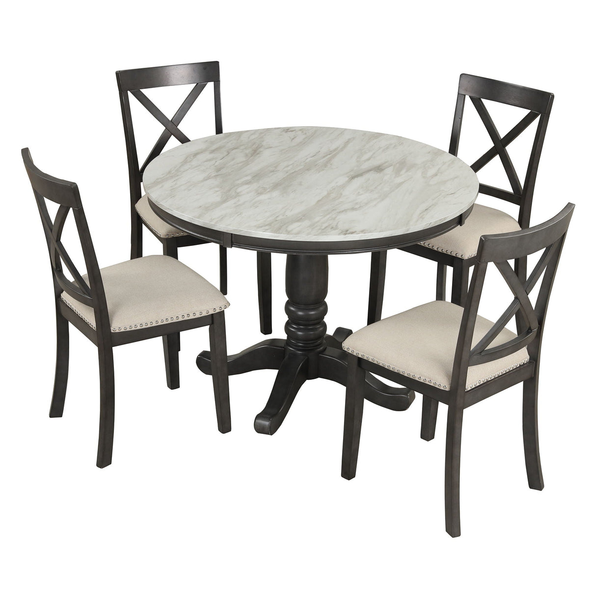 Solid Wood 5 Piece Dining Room Set with Table and 4 Chairs - White or Dark Gray