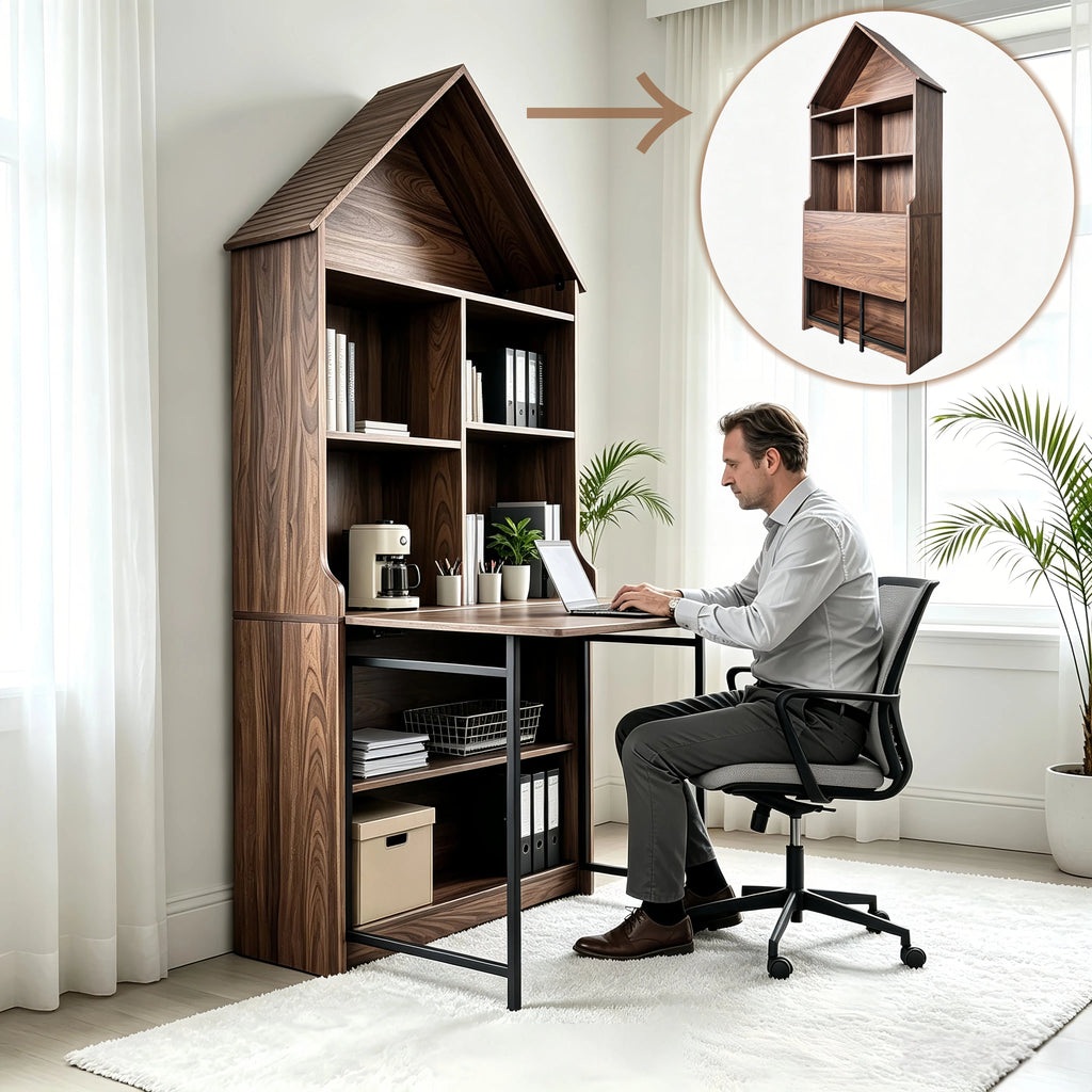Folding Craft Desk with Storage Shelves - MDF, Space-Saving Convertible Design