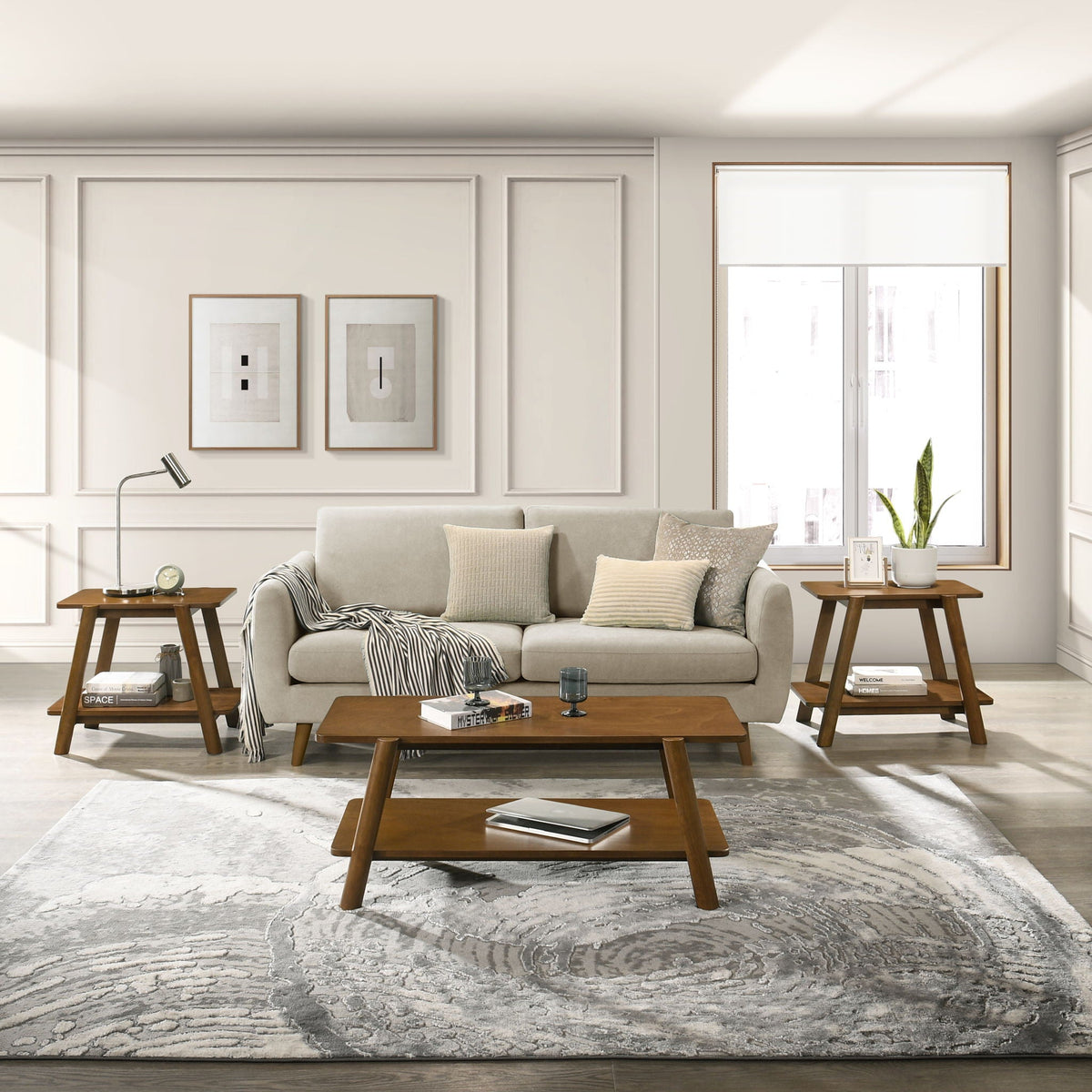 Mid-Century Modern Wood Shelf 3 Piece Coffee Table Set with Storage Shelf - Walnut