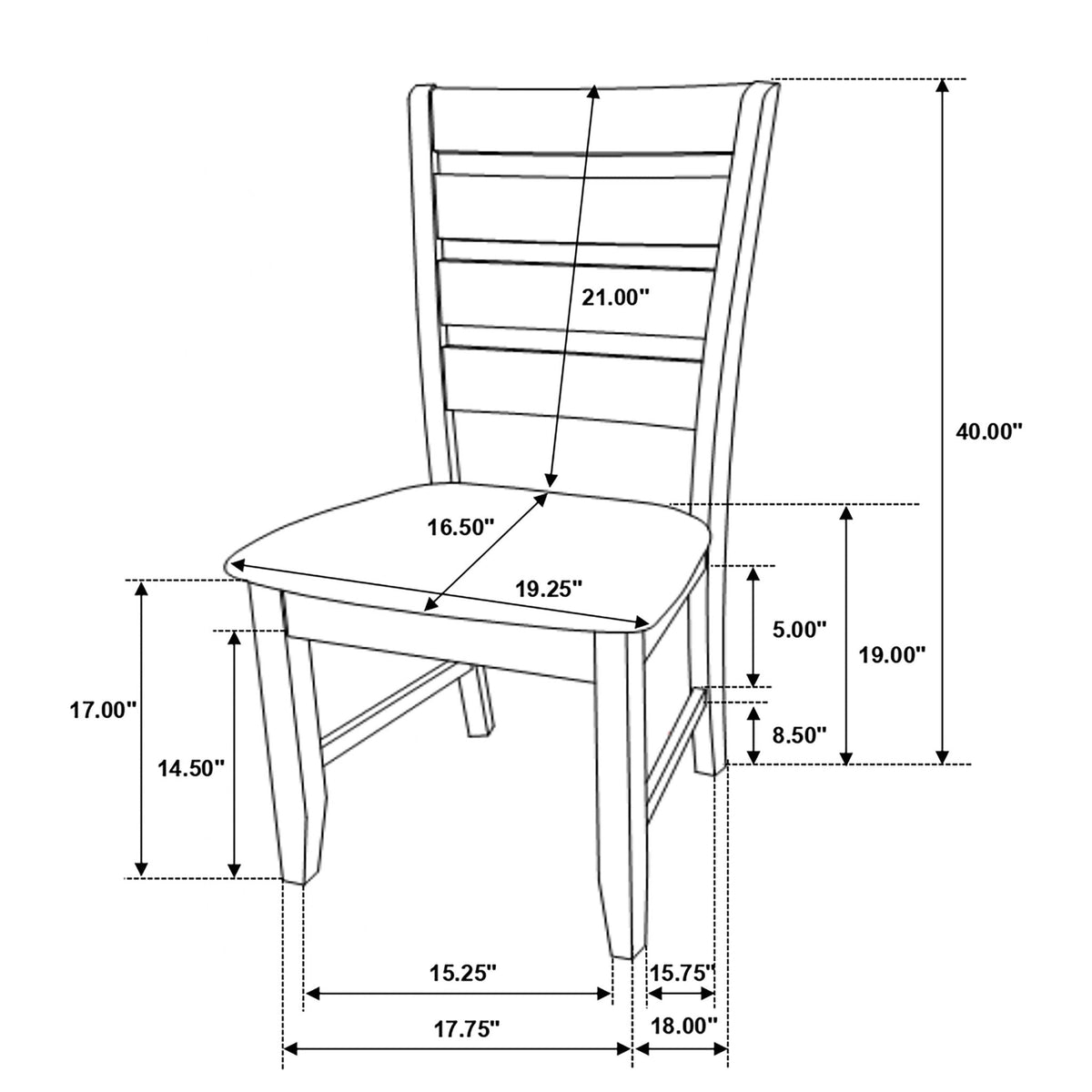 Padded Seat Dining Chairs with Tapered Slats - Set of 2, Dark Gray or Black