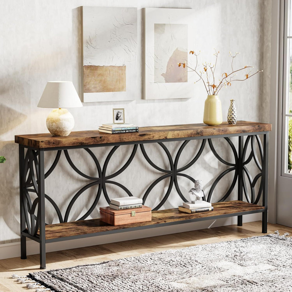 Extra Long Console Table with Open Storage Shelves - Dark Gray or Dark Brown