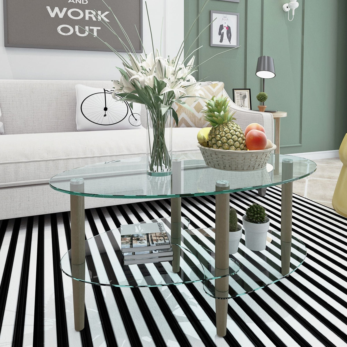 Transparent Oval Glass Coffee Table with 3-Layer Tempered Glass - White or Light Brown