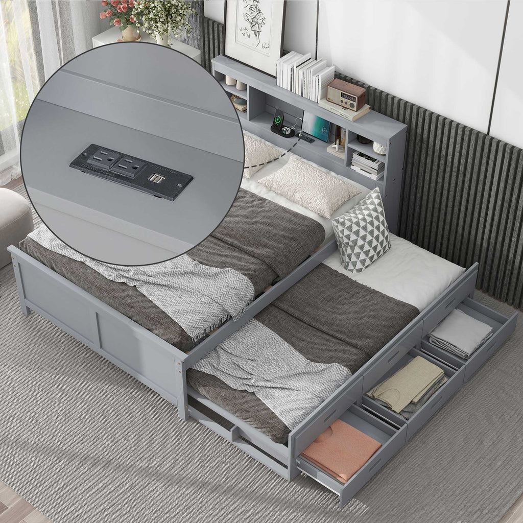 Platform Bed with Storage Headboard, USB, Trundle & 3 Drawers - Twin or Full