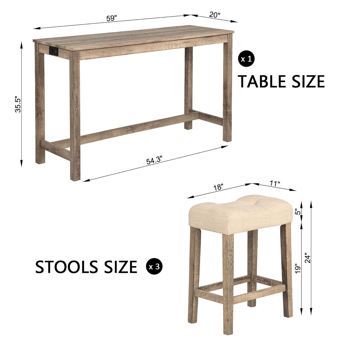 4 Piece Bar Table Set with Power Outlet and 3 Padded Stools - Light Brown or Dark Gray