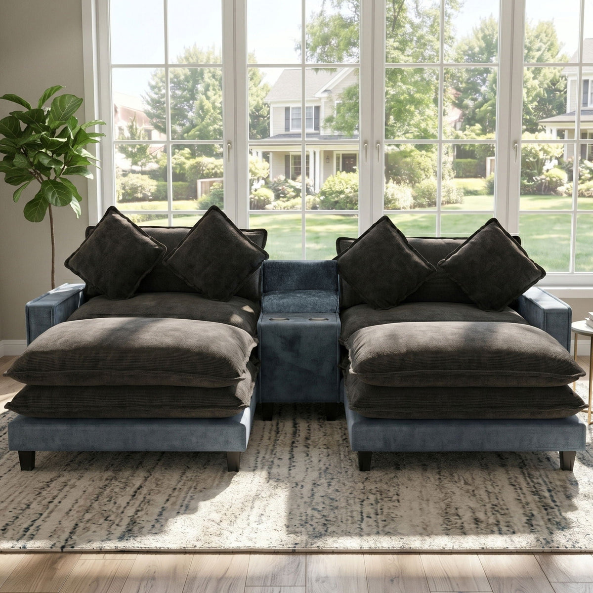 Sectional Sofa With Storage and Removable Ottomans - Gray / Light Blue