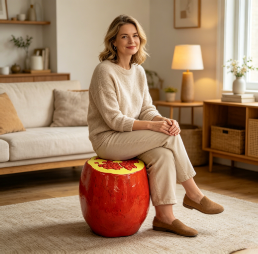Oversized Pomegranate Fruit Stool with Durable Resin – Red