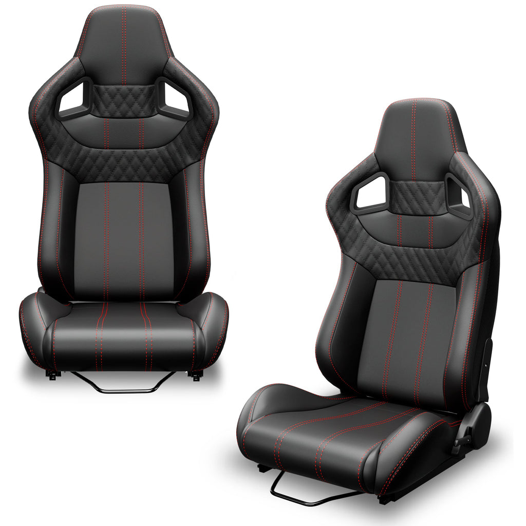2PC Universal Bucket Racing Seats with Ergonomic Support - PVC Black