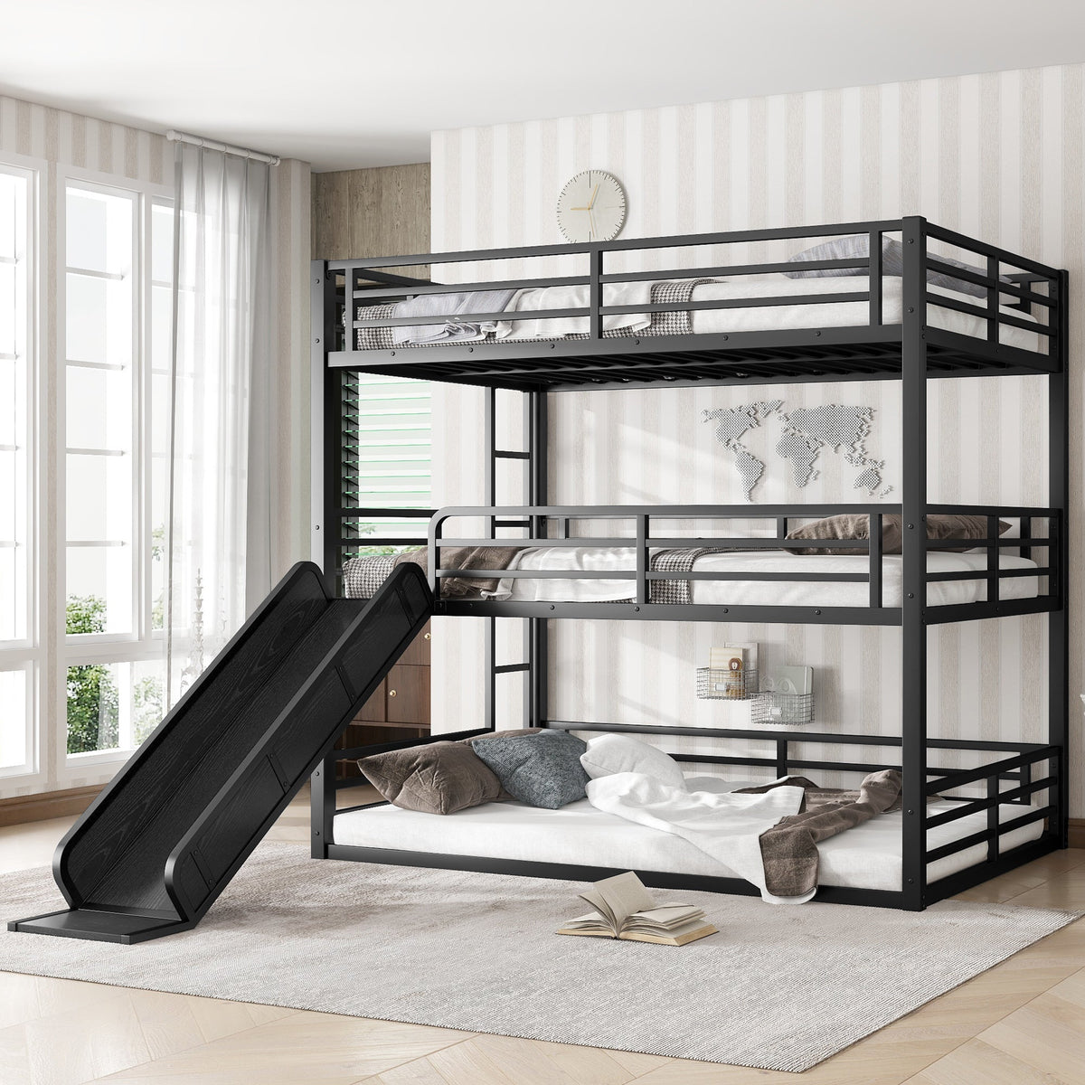 Full Over Full Over Full Bunk Bed with Slide and Guardrails - Metal